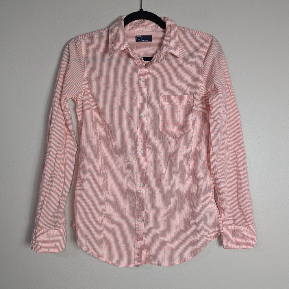 XS Gap Pink Striped Swiss Dot Button Front Top